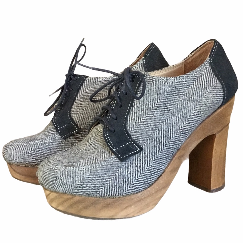 Cubanas Herringbone Wood Platform Lace Up Heels